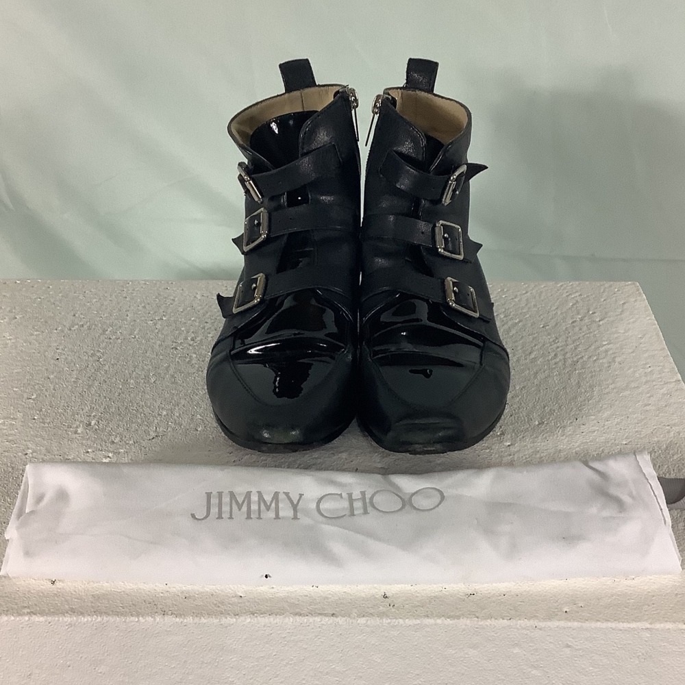 Jimmy Choo Black Leather Triple Buckle Pointed Toe Ankle Boots Madein Italy 38.5